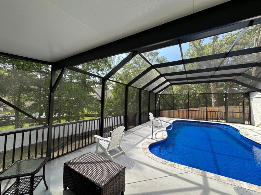Inside a screened pool enclosure